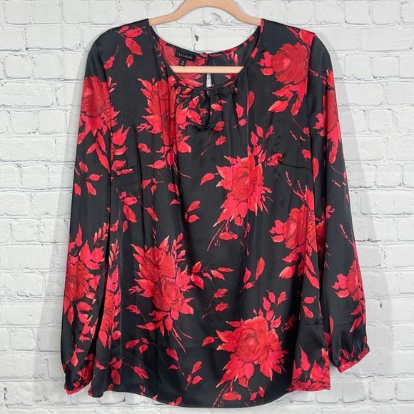 Talbots Tops - Talbots Blouse Womens XL Floral Pull Over Black Red Bishop Sleeve Career Top